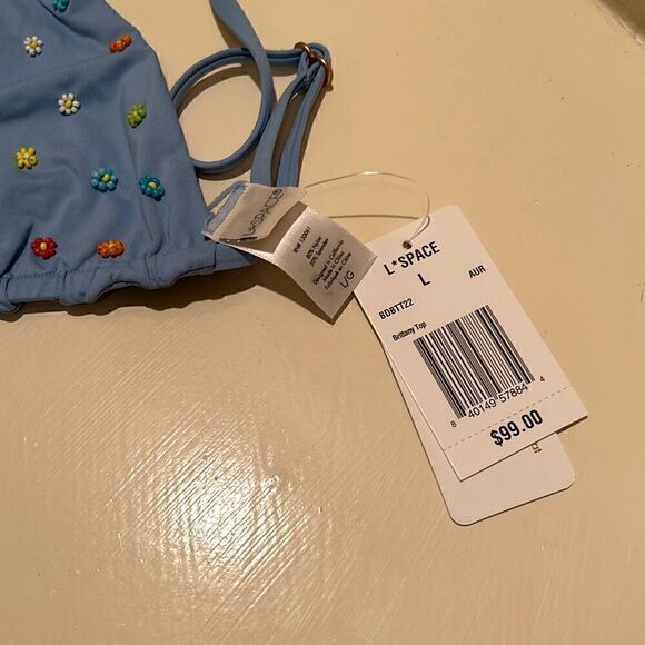 L*Space Women’s L Brittany Triangle String Bikini Top Light Blue Beaded Flowers - Picture 3 of 6